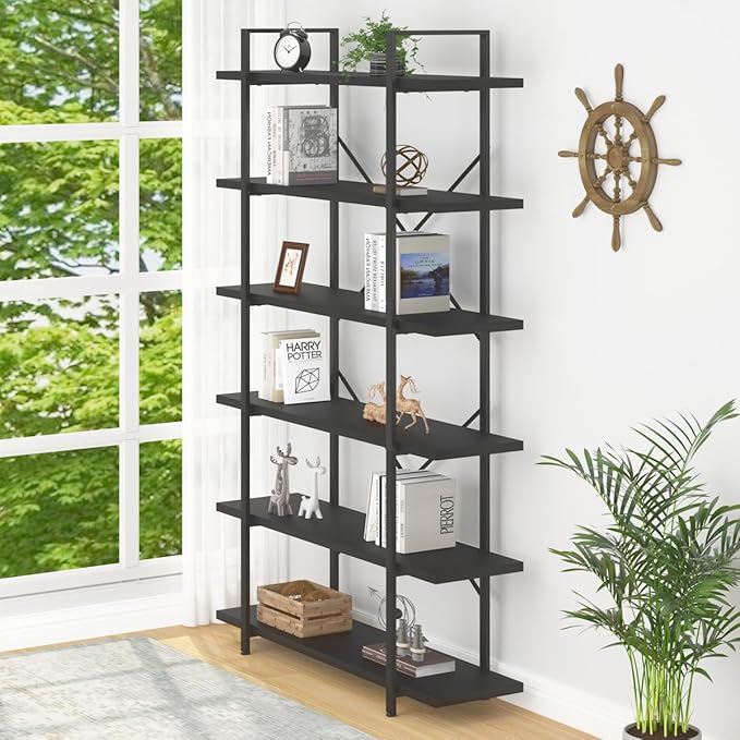 HSH 6 Tier Tall Black Bookshelf, Modern Large Storage Book Shelves & Display Book Shelf,Industrial Open Vertical Metal and Wood Black Bookcases 6 Shelf for Bedroom Living Room Office, Black Oak - LeafyLoom