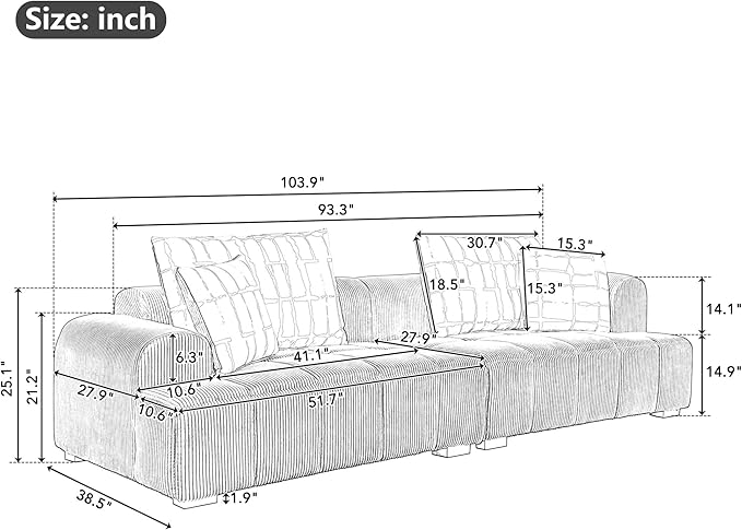 104" 4 Seaters Cloud Modular Corduroy Upholstery Sectional, Modern Living Room Upholstered Furniture Deep Seat Sofa & Couch with 4PCS Pillows and Rubber Wood Legs for Home Office Apartment, Black - LeafyLoom