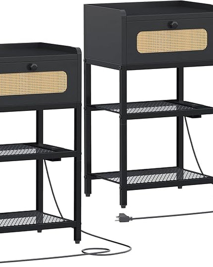 Night Stand set 2, Side Table with Rattan Drawer, Nightstand with Charging Station, Industrial Bedside Table with 3-Tier Storage, Black JET003CB2 - LeafyLoom