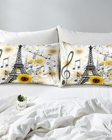 Feelyou Eiffel Tower Kids Comforter Set Cute Sunflower Bed Sheet Set for Boys Children Teens Bedroom Decor Paris Tower Bedding Set Set Floral Music Themed Bed Cover Twin Size with 1 Pillow Case - LeafyLoom