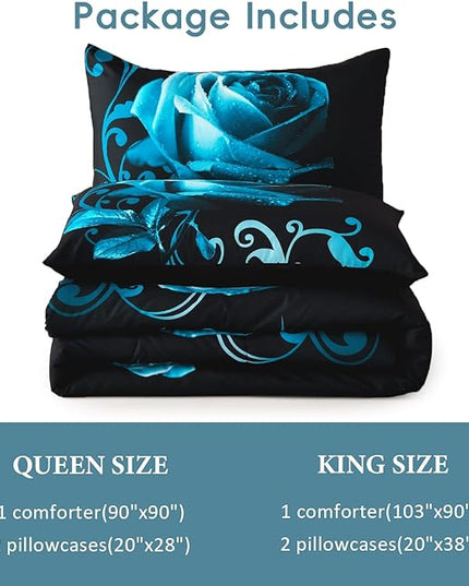 WONGS BEDDING Teal Blue Comforter Set Queen Reversible Teal Rose Pattern Printed Bedding Comforter Set with 2 Pillowcases for All Season, Soft Microfiber Filling Bedding Set 90"x90" - LeafyLoom
