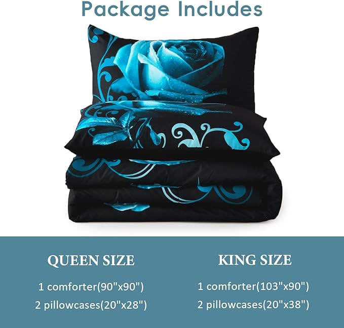 WONGS BEDDING Teal Blue Comforter Set King Reversible Teal Blue Rose Pattern Printed Bedding Comforter Set with 2 Pillowcases for All Season, Soft Microfiber Filling Bedding Set 103"x90" - LeafyLoom