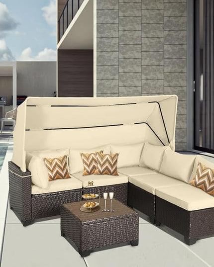 6 PCS Outdoor Patio Furniture Set,Sectional Sofa Set,Rattan Daybed with Retractable Canopy,Adjustable Backrest,Storage Coffee Table,Chaise Chair Sunbed for Porch Garden Poolside Backyard(Beige) - LeafyLoom