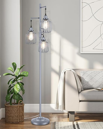 Floor Lamp with 3 LED Edsion Bulbs, Farmhouse Tall Standing Lamp for Living Room, Dimmable Industrial Rustic Grey Tree Bright Vintage Pole Light with Cage Shades for Bedroom Home Decor - LeafyLoom