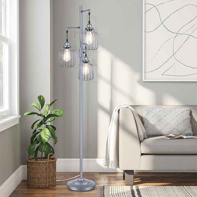 Floor Lamp with 3 LED Edsion Bulbs, Farmhouse Tall Standing Lamp for Living Room, Dimmable Industrial Rustic Grey Tree Bright Vintage Pole Light with Cage Shades for Bedroom Home Decor - LeafyLoom