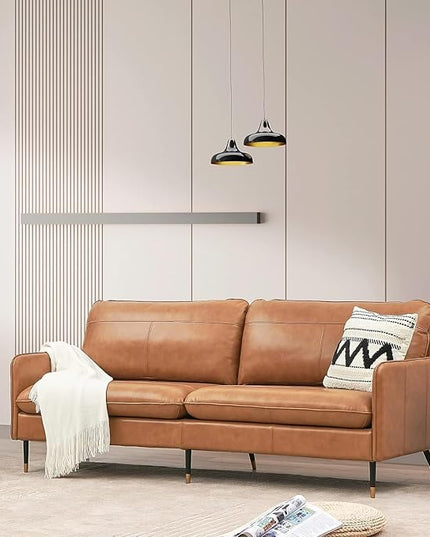 79" Top-Grain Leather Sofa, 3 Seater Leather Couch, Mid-Century Modern Couch for Living Room Bedroom Apartment Office, Cognac Tan - LeafyLoom