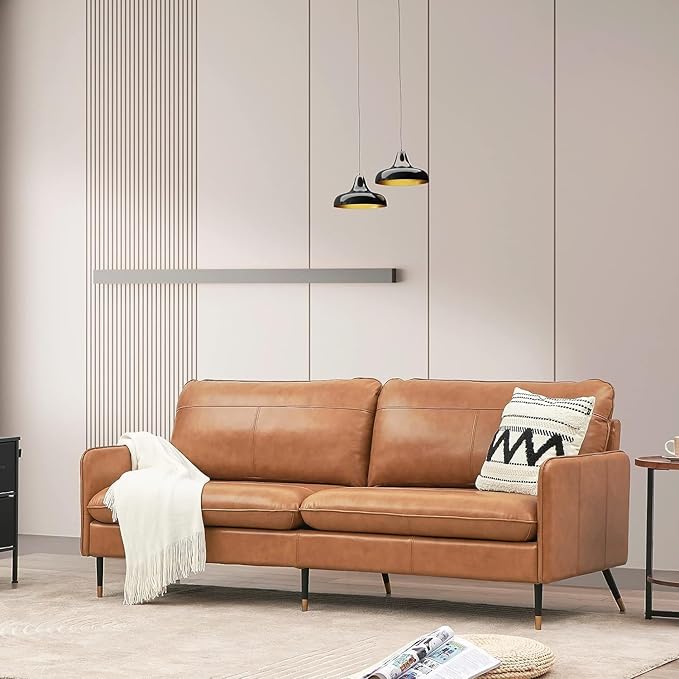 67" Top-Grain Leather Sofa, 2 Seater Loveseat Couch, Mid-Century Modern Leather Couch for Living Room Bedroom Apartment Office, Cognac Tan - LeafyLoom