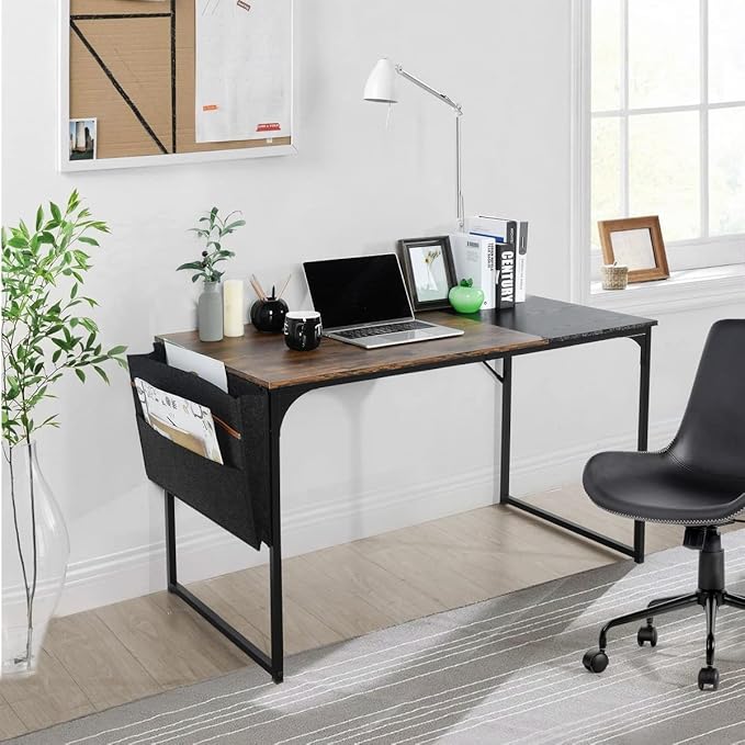 47 inch Study Storage Bag Space Saving for Home Office, Modern Simple Style PC Metal Frame Computer Desk, Writing Table, Brown, Black - LeafyLoom