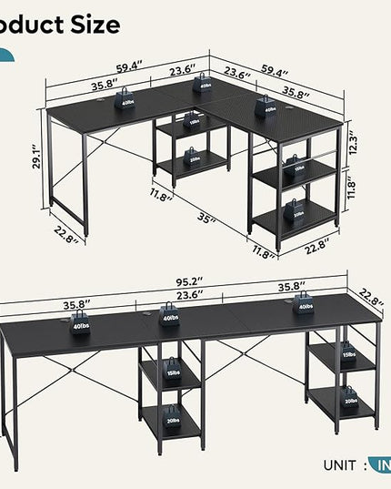 Bestier L Shaped Gaming Desk with Shelves 95.2 Inch Reversible Corner Computer Desk or 2 Person Long Table for Home Office Large Writing Storage Workstation P2 Board with 3 Cable Holes, Carbon Fiber - LeafyLoom