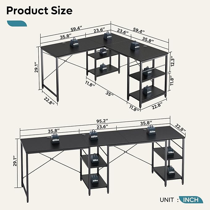 Bestier L Shaped Gaming Desk with Shelves 95.2 Inch Reversible Corner Computer Desk or 2 Person Long Table for Home Office Large Writing Storage Workstation P2 Board with 3 Cable Holes, Carbon Fiber - LeafyLoom