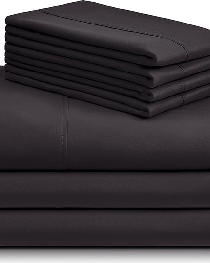 LuxClub 7 PC Split King Sheet Set, Breathable Luxury Bed Sheets, Deep Pockets 18" Eco Friendly Wrinkle Free Cooling Sheets Machine Washable Hotel Bedding Silky Soft - Black Split King - LeafyLoom
