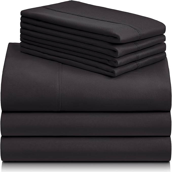 LuxClub 7 PC Split King Sheet Set, Breathable Luxury Bed Sheets, Deep Pockets 18" Eco Friendly Wrinkle Free Cooling Sheets Machine Washable Hotel Bedding Silky Soft - Black Split King - LeafyLoom