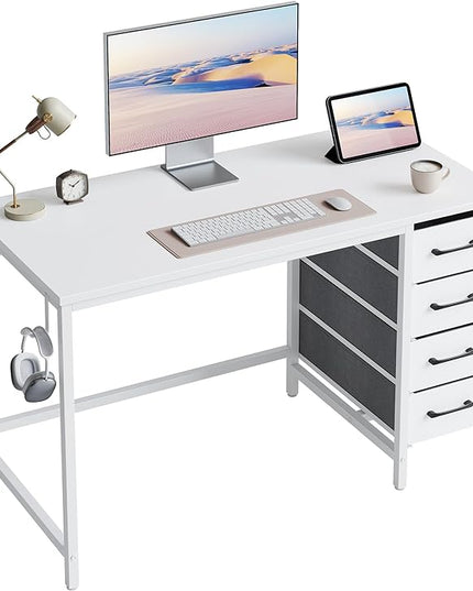 CubiCubi 40 Inch Computer Desk with 4 Drawers, Home Office Small Desk with Storage, Modern Study Writing Desk, White - LeafyLoom