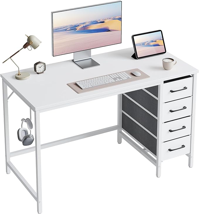 CubiCubi 40 Inch Computer Desk with 4 Drawers, Home Office Small Desk with Storage, Modern Study Writing Desk, White - LeafyLoom