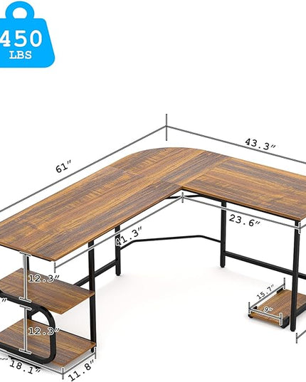 Teraves Reversible L Shaped Desk with Large Surface, 61 Inch Sturdy Corner Desk with Storage Shelves, Premium Office Computer Desk Workstation for Home Office Gaming, Teak - LeafyLoom