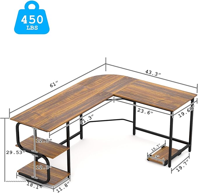 Teraves Reversible L Shaped Desk with Large Surface, 61 Inch Sturdy Corner Desk with Storage Shelves, Premium Office Computer Desk Workstation for Home Office Gaming, Teak - LeafyLoom