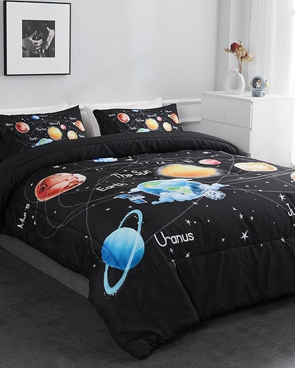 Outer Space Bedding Set King Solar System Comforter Set 3 Pieces 1 Space Comforter Twin and 2 Pillow Cases for Boys Girls Kids Ultra-Soft Microfiber All Seasons for Bedroom Sofa - LeafyLoom