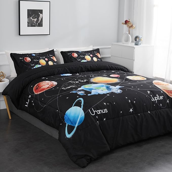 Outer Space Bedding Set King Solar System Comforter Set 3 Pieces 1 Space Comforter Twin and 2 Pillow Cases for Boys Girls Kids Ultra-Soft Microfiber All Seasons for Bedroom Sofa - LeafyLoom