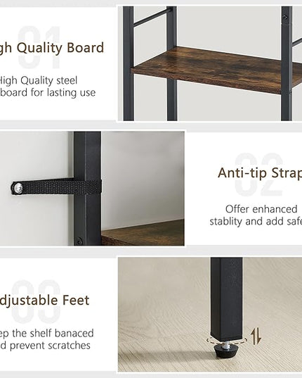 Tajsoon 5 Tier Ladder Bookshelf Industrial Ladder Shelf, Narrow Tall Skinny Bookshelf with Metal Frame, Multipurpose Standing Book Shelf for Bedroom, Living Room, Kitchen, Home Office, Rustic Brown - LeafyLoom
