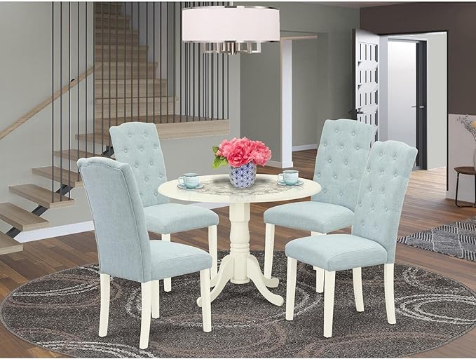East West Furniture DLCE5-WHI-15 Dublin 5 Piece Set Includes a Round Dining Room Table with Dropleaf and 4 Baby Blue Fabric Upholstered Chairs, 42x42 Inch, Linen White - LeafyLoom