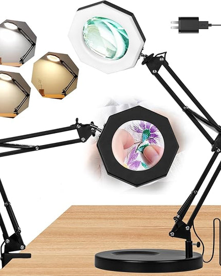 10X Magnifying Glass with Light Hand Free, HITTI 3 Color Stepless Dimmable Magnifying Lamp, 2-in-1 LED Lighted Deak Lamp & Clamp, Magnifier with Light and Stand for Craft Hobby Reading Close Workbench - LeafyLoom