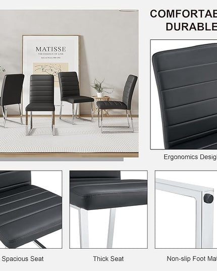 Dining Chairs Set of 2 Modern Faux Leather High Back Dining Room Kitchen Chairs with Silver Metal Legs,Chairs for Dining Room, Kitchen,Living Room, and Restaurants,Black - LeafyLoom