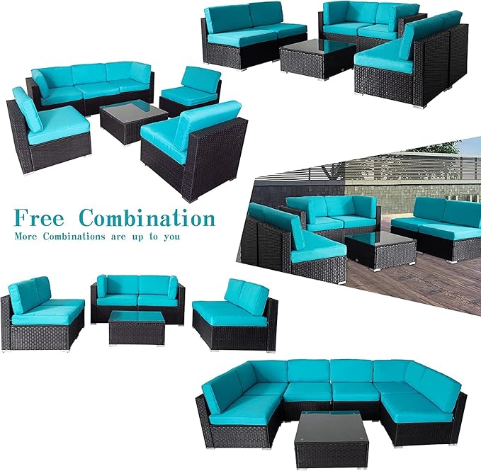 ClawsCover 14Pack Outdoor Patio Seat and Back Cushions Replacement Covers Fit for 7Pieces 6-Seater Wicker Rattan Sectional Couch Chair Furniture Set,Turquoise-Include Cover Only (Large) - LeafyLoom
