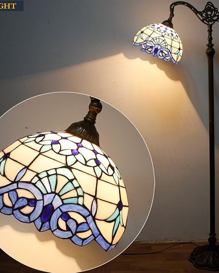 WERFACTORY Tiffany Floor Lamp Navy Blue White Stained Glass Arched Lamp 12X18X64 Inches Gooseneck Adjustable Corner Standing Reading Light Decor Bedroom Living Room S003B Series - LeafyLoom