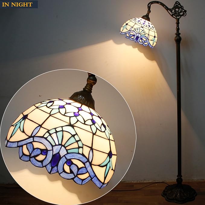 WERFACTORY Tiffany Floor Lamp Navy Blue White Stained Glass Arched Lamp 12X18X64 Inches Gooseneck Adjustable Corner Standing Reading Light Decor Bedroom Living Room S003B Series - LeafyLoom