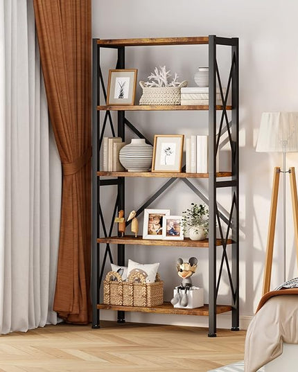 5-Tier Bookshelf,Wood Bookcase,Book Shelf with Steel Frame, Storage Rack with Open Shelves, Rustic Standing Bookshelves Ladder Shelf 110lbs/shelf for Bedroom,Living Room and Home Office - LeafyLoom