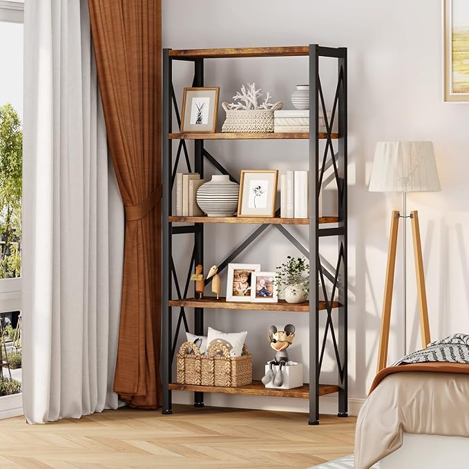 5-Tier Bookshelf,Wood Bookcase,Book Shelf with Steel Frame, Storage Rack with Open Shelves, Rustic Standing Bookshelves Ladder Shelf 110lbs/shelf for Bedroom,Living Room and Home Office - LeafyLoom