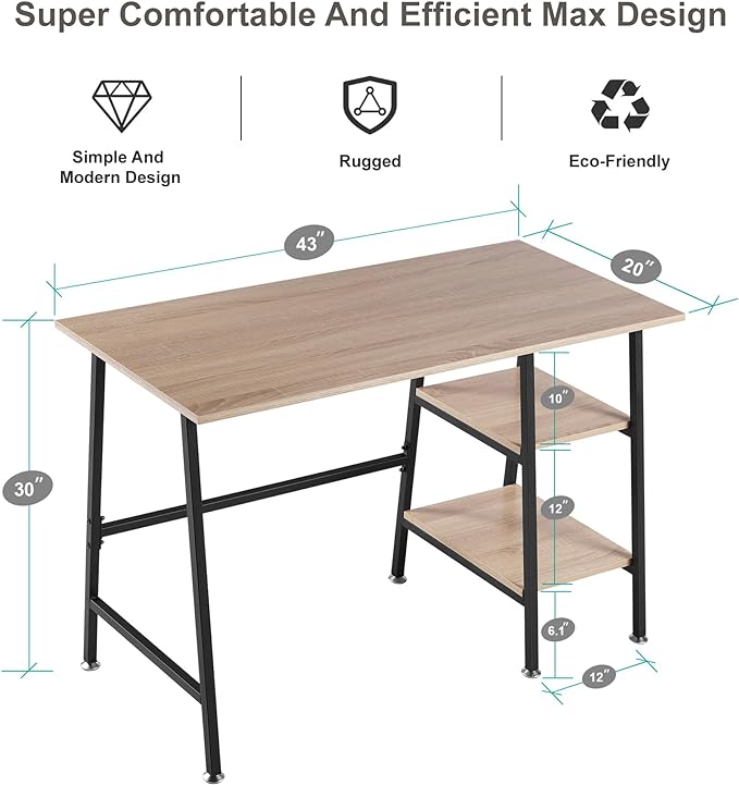VECELO 43 Inch Home Office Computer Easy to Assemble Simple Table Modern Student Study Desk,Water Proof, Oak+black leg - LeafyLoom