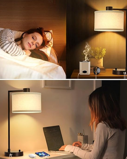 Luvkczc Table Lamp for Bedroom Set of 2 with USB C+A Ports - Fully Stepless Dimmable Bedside Lamp with Linen Lampshade - Contemporary Lamp for Living Room Reading Office, 2 Bulbs Included (Red Brown) - LeafyLoom