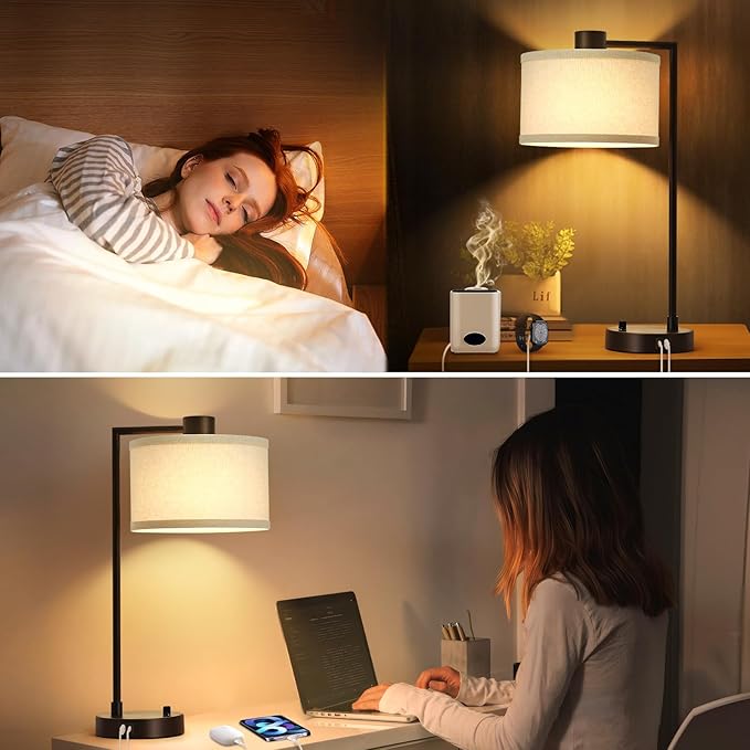 Luvkczc Table Lamp for Bedroom Set of 2 with USB C+A Ports - Fully Stepless Dimmable Bedside Lamp with Linen Lampshade - Contemporary Lamp for Living Room Reading Office, 2 Bulbs Included (Red Brown) - LeafyLoom