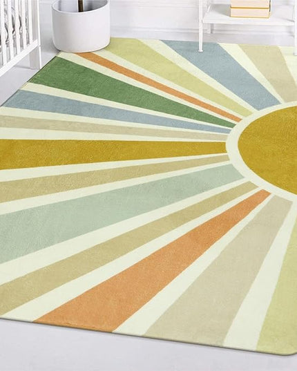 Boho Washable Rug 4'x6' Rug Kids Area Rug for Playroom, Non-Slip Kids Rug for Bedroom, Rainbow Modern Sun Carpet Soft Throw Sunshine Rug for Office Nursery Entryway Dorm - LeafyLoom