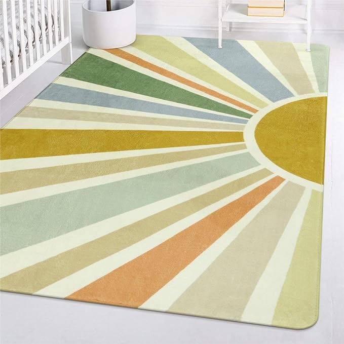 Boho Washable Rug 4'x6' Rug Kids Area Rug for Playroom, Non-Slip Kids Rug for Bedroom, Rainbow Modern Sun Carpet Soft Throw Sunshine Rug for Office Nursery Entryway Dorm - LeafyLoom