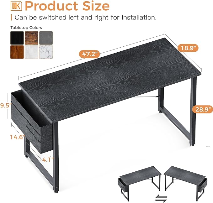 ODK Computer Desk Large Office Desk, 48 Inch Gaming Desk with Storage, Modern PC Desk Work Table with Headphone Hook for Home Office, Gray - LeafyLoom