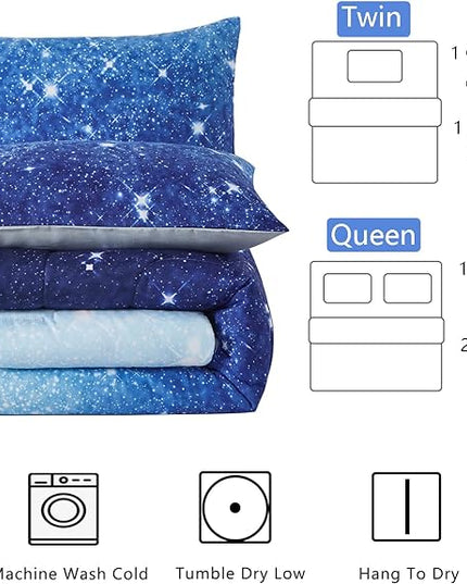 Blue Glitter Comforter Set Full/Queen Size for Boys Girls, Sparkle Galaxy Twinkle Starlight Kids Teen, 3 Piece Aqua Navy Ombre Bedding with 2 Pillow Cases(Blue,Queen), Queen(3-Piece) - LeafyLoom