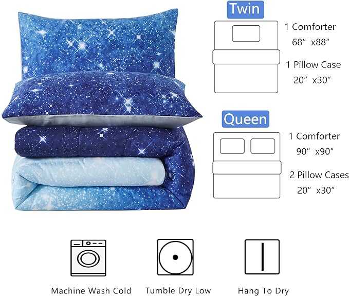 Blue Glitter Comforter Set Full/Queen Size for Boys Girls, Sparkle Galaxy Twinkle Starlight Kids Teen, 3 Piece Aqua Navy Ombre Bedding with 2 Pillow Cases(Blue,Queen), Queen(3-Piece) - LeafyLoom