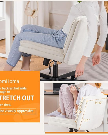 COMHOMA Criss Cross Chair with Wheels, Armless Wide Cross Legged Office Chair Mid Back, Modern Home Office Desk Chair Swivel Adjustable Vanity Computer Chair, Beige Velvet - LeafyLoom