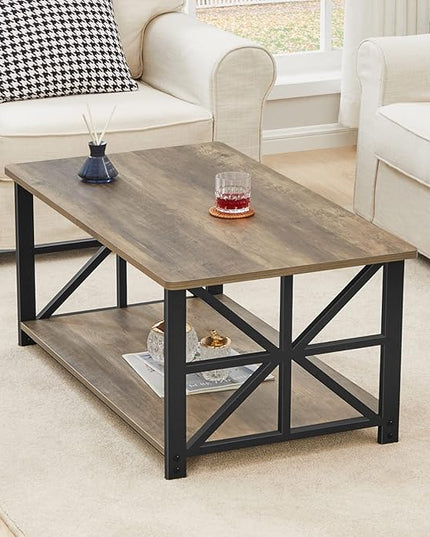 GreenForest Coffee Table for Living Room with Round Corners Farmhouse Style Center Table with Storage Shelf 39 Inch Space Saving Easy Assembly Gray Wash - LeafyLoom