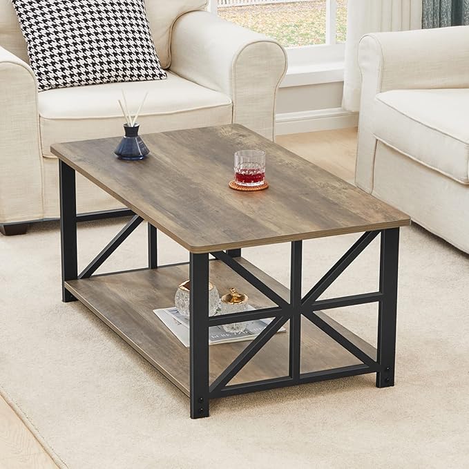 GreenForest Coffee Table for Living Room with Round Corners Farmhouse Style Center Table with Storage Shelf 39 Inch Space Saving Easy Assembly Gray Wash - LeafyLoom
