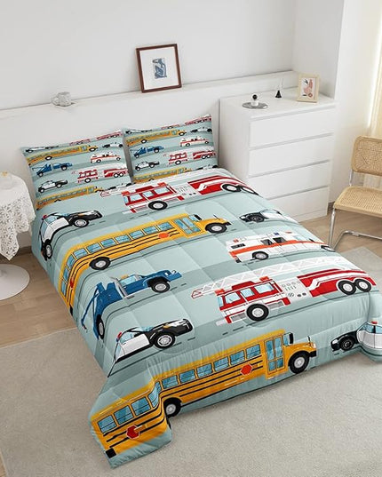 Erosebridal Fire Truck Comforter Set,Police Car Down Comforter King Size,School Bus Bedding Set for Kids Boys Teens Youth,Equipped Truck Cartoon Vehicle Quilt Duvet Insert Bedroom Dorm Decor 3 Pcs - LeafyLoom