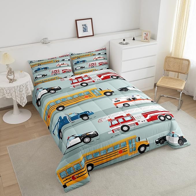 Erosebridal Fire Truck Comforter Set,Police Car Down Comforter Queen Size,School Bus Bedding Set for Kids Boys Teens Youth,Equipped Truck Cartoon Vehicle Quilt Duvet Insert Bedroom Dorm Decor 3 Pcs - LeafyLoom