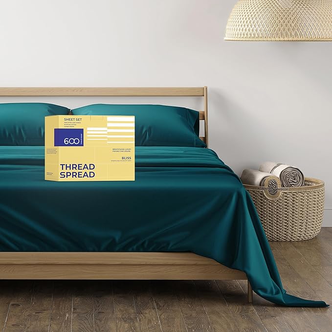 THREAD SPREAD Luxury Egyptian Cotton Sheets King Size - 600 Thread Count Sheets King 4 PC Luxury Sheets King Size, 16" Deep Pocket, Extra Soft, Cooling Sateen Weave Hotel Luxury Bed Sheets Set - Teal - LeafyLoom