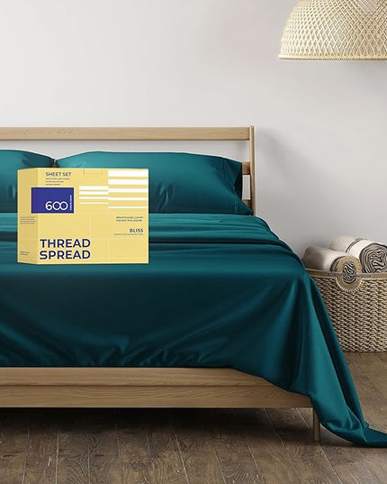 THREAD SPREAD 100% Egyptian Cotton Sheets Twin - 600 Thread Count Sheets Twin, 3 PC Deep Pocket Twin Sheets, Soft, Cooling Sateen Weave Extra Long Twin Sheets for Dorm, 16 in Deep Pocket - Teal - LeafyLoom