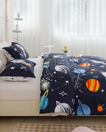 RYNGHIPY Kids Comforter Set Queen Size, Cute Space Rocket Bedding Set for Boys Girls, Space Themed Teen Boy Bedding (Space Rocket,Queen) - LeafyLoom