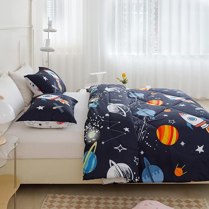 RYNGHIPY Kids Comforter Set Queen Size, Cute Space Rocket Bedding Set for Boys Girls, Space Themed Teen Boy Bedding (Space Rocket,Queen) - LeafyLoom
