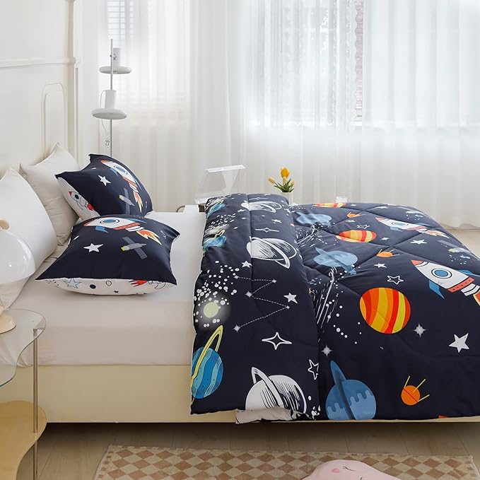 RYNGHIPY Kids Comforter Set Full Size, Cute Space Rocket Bedding Set for Boys Girls, Space Themed Teen Boy Bedding (Space Rocket,Full) - LeafyLoom