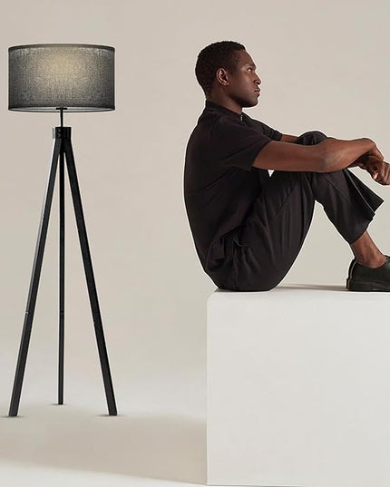 Brightech Eden Tripod LED Floor Lamp – Mid Century Dimmable Modern Light for Contemporary Living Rooms - Tall Free Standing Lamp with Solid Wood Legs for Bedroom, Office - Classic Black - LeafyLoom